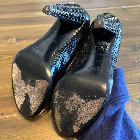 Miu Miu Black Patent Peep Toe Jeweled Heels Python Snake Skin Rhinestones 37 - Picture 6 of 14